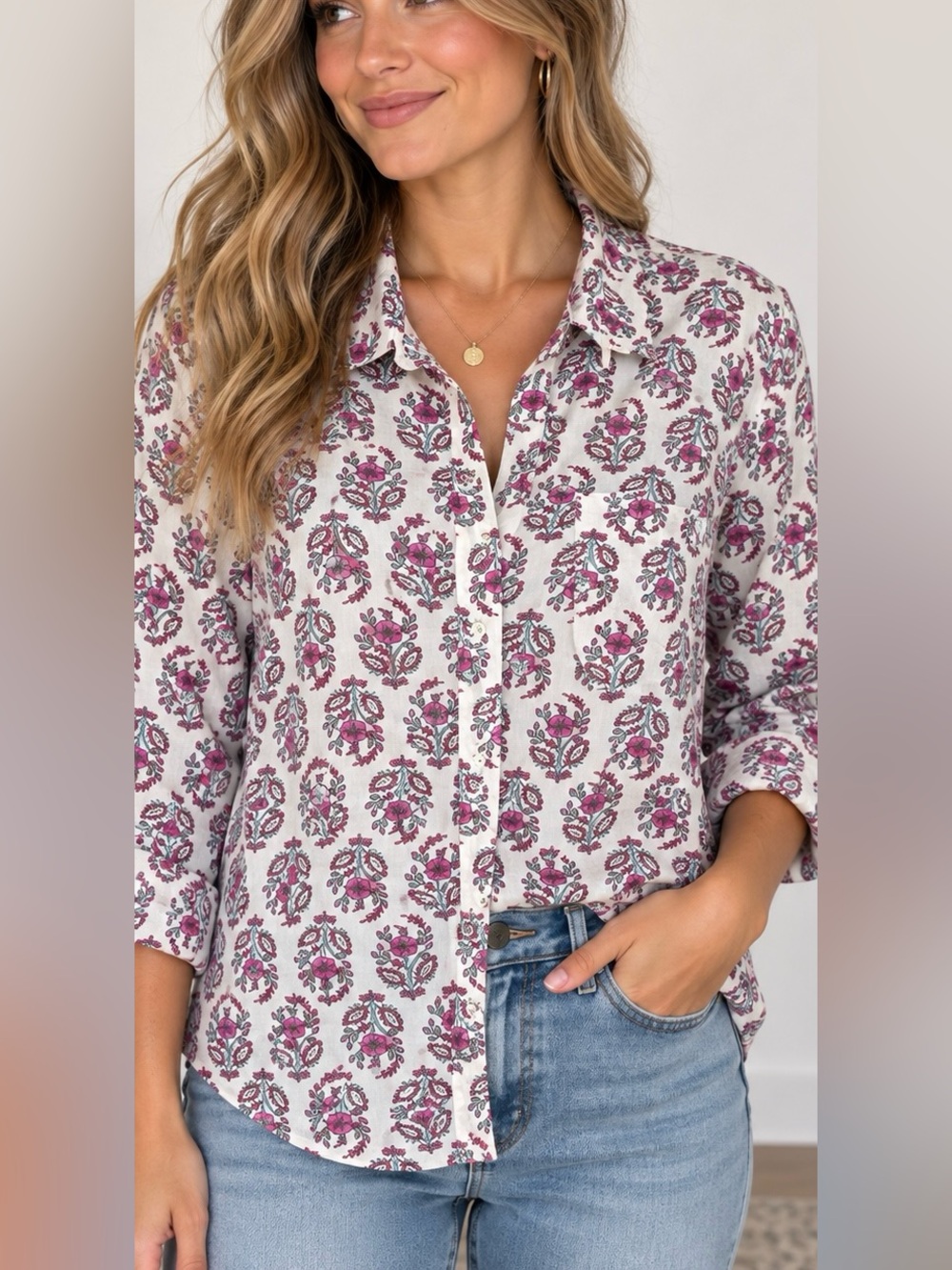 J.Crew Floral Button-Up Blouse 100% Cotton Size Medium